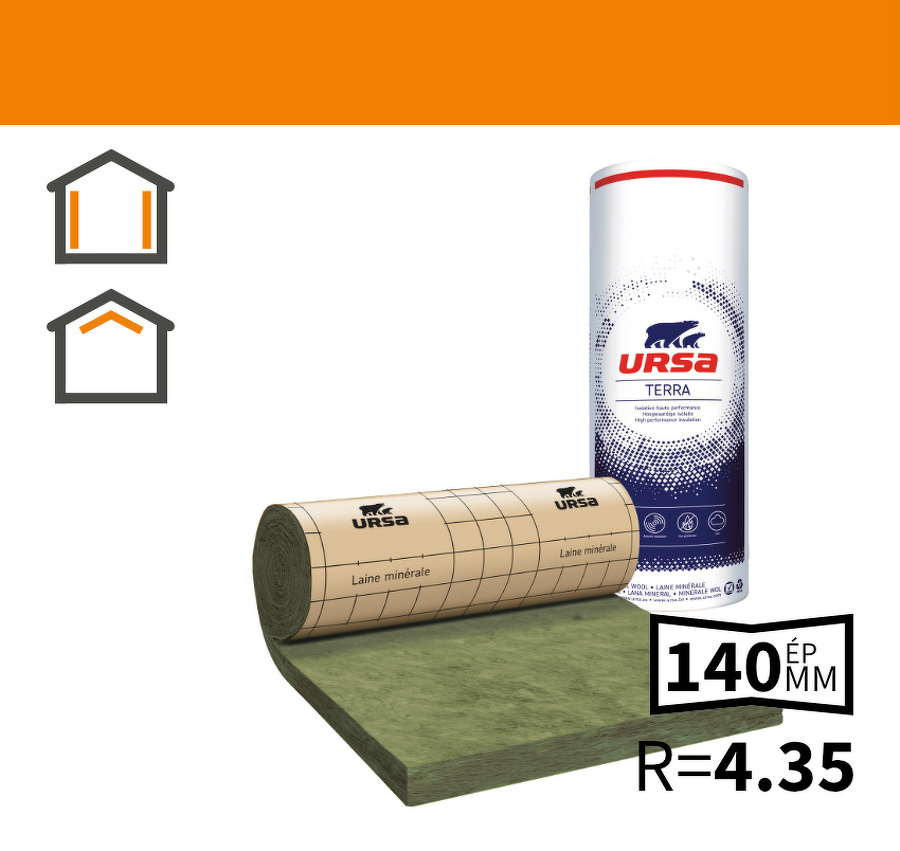ISOLANT EN LAINE MINÉRALE ROULÉ URSA TERRA PRK 32 REVÊTU KRAFT 140 MM