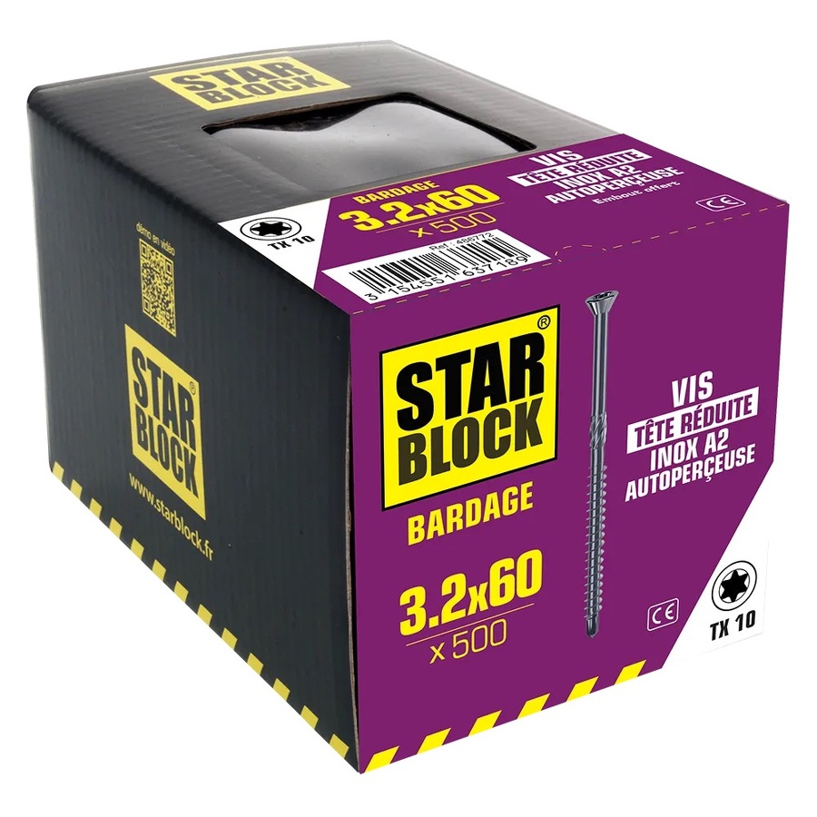 VIS STARBLOCK BARDAGE 3,2X60  A2 TÊTE RÉDUITE CRANTÉE