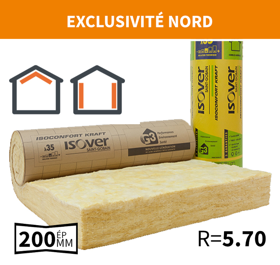 ISOLANT SEMIRIGIDE EN LAINE DE VERRE ISOCONFORT 35 REVÊTU KRAFT 200MM ISOLANT SEMIRIGIDE EN LAINE DE VERRE ISOCONFORT 35 REVÊTU KRAFT 200MM